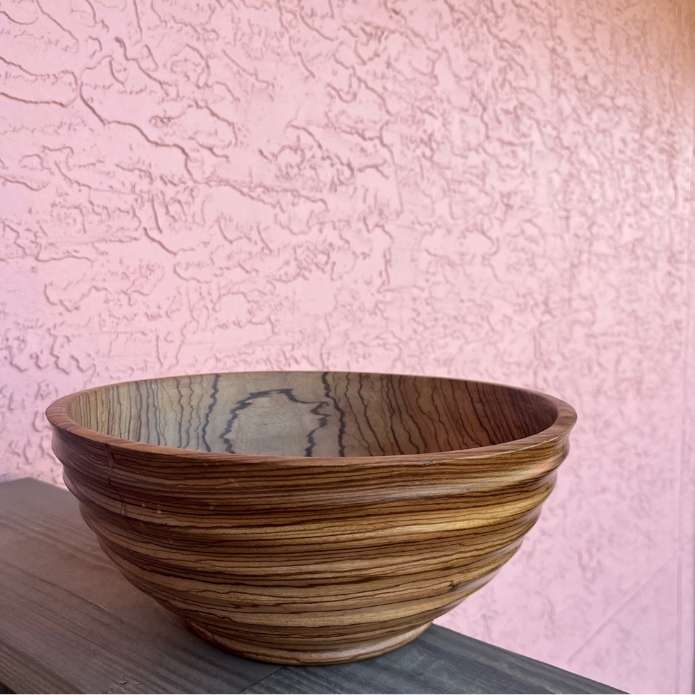 Large Handcrafted Wood Bowl Zebrawood Ribbed Fluted